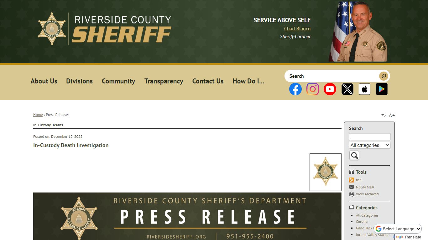 Press Releases • In-Custody Death Investigation